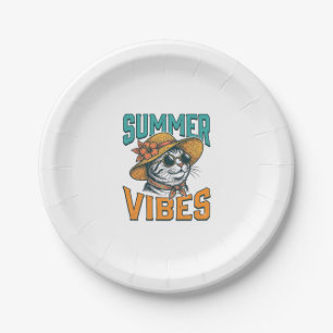 Summer Vibes Cat Vintage Engraving Design_1 Paper Plate