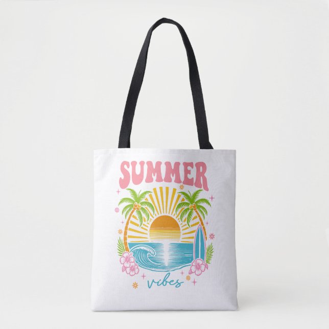"Summer Vibes" Cheerful Boho Beach Palm Trees Tote Bag (Front)