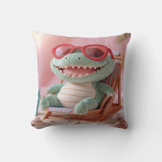 Summer Vibes: Chillin' Plush Crocodile on Vacation Cushion (Front)