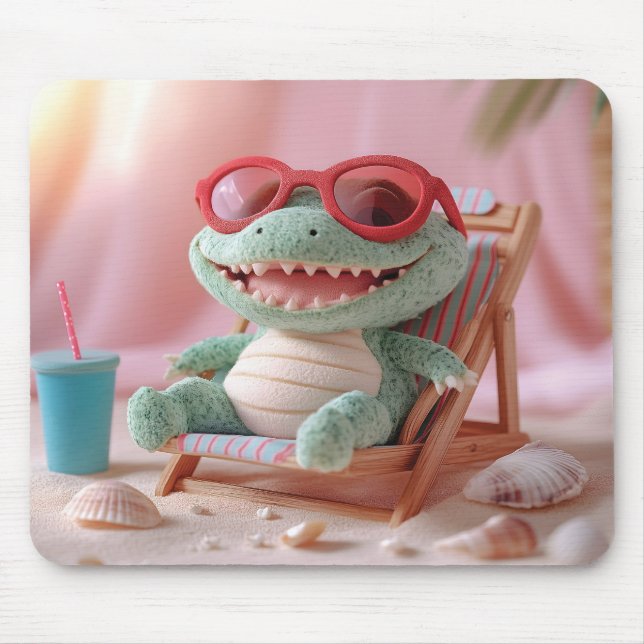 Summer Vibes: Chillin' Plush Crocodile on Vacation Mouse Mat (Front)