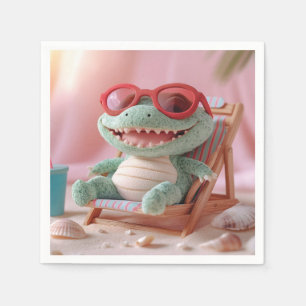 Summer Vibes: Chillin' Plush Crocodile on Vacation Napkin