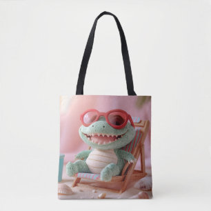 Summer Vibes: Chillin' Plush Crocodile on Vacation Tote Bag