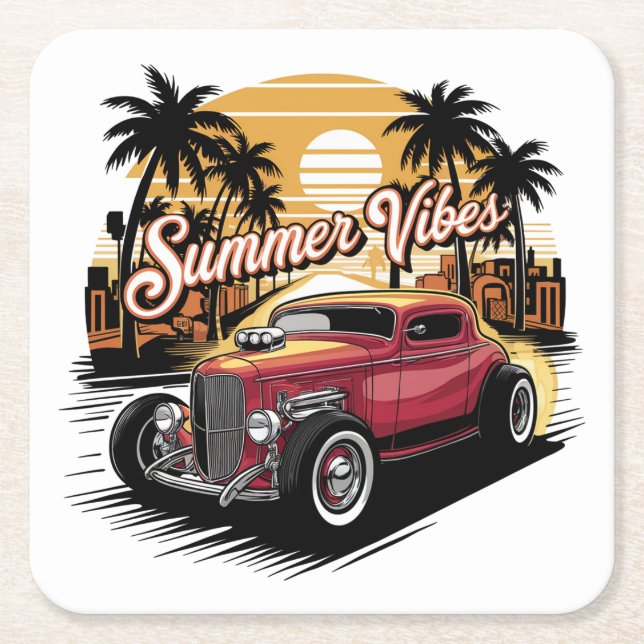Summer Vibes Classic Car Square Paper Coaster (Front)