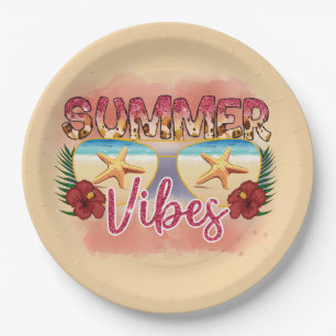 Summer Vibes   Coastal Beach Sunglasses Design Paper Plate