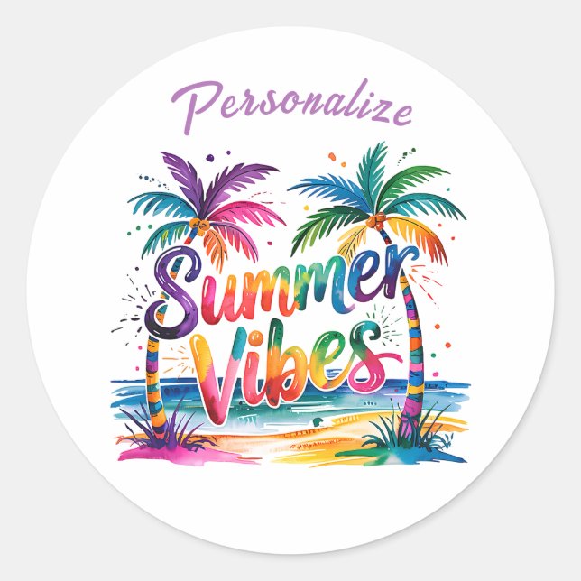 Summer Vibes Colourful Palm Trees Ocean Personalis Classic Round Sticker (Front)