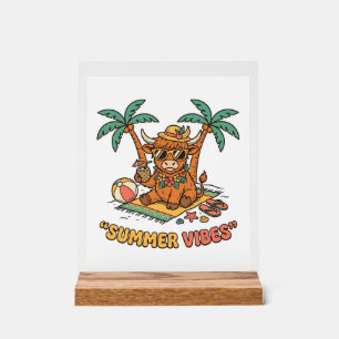 Summer Vibes Cute Highland Cow Beach Vacation Shir Acrylic Sign