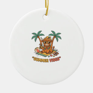Summer Vibes Cute Highland Cow Beach Vacation Shir Ceramic Tree Decoration
