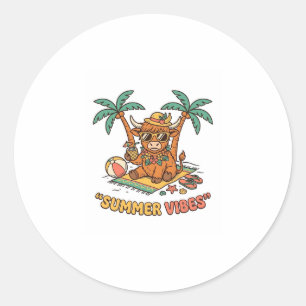 Summer Vibes Cute Highland Cow Beach Vacation Shir Classic Round Sticker