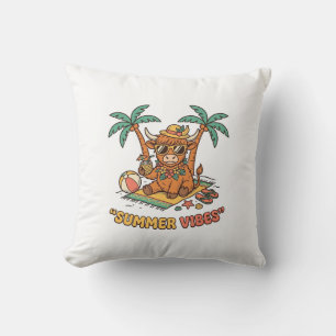 Summer Vibes Cute Highland Cow Beach Vacation Shir Cushion