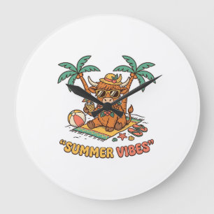 Summer Vibes Cute Highland Cow Beach Vacation Shir Large Clock