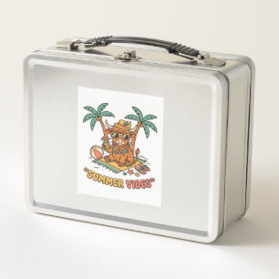 Summer Vibes Cute Highland Cow Beach Vacation Shir Metal Lunch Box