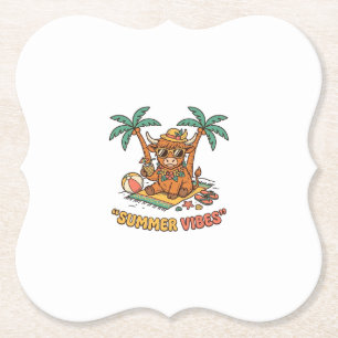 Summer Vibes Cute Highland Cow Beach Vacation Shir Paper Coaster