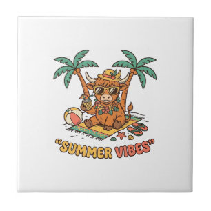 Summer Vibes Cute Highland Cow Beach Vacation Shir Tile