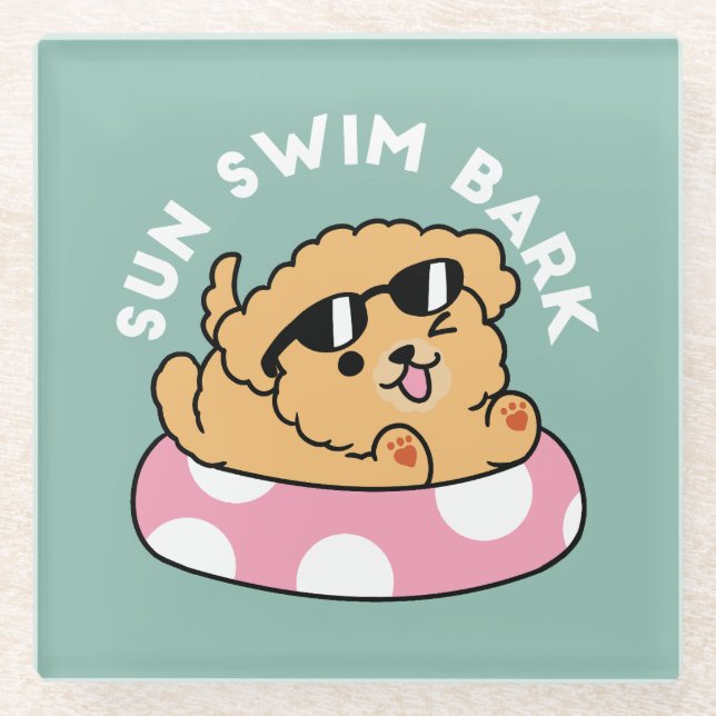Summer Vibes Dog – Floating Puppy with Sunglasses Glass Coaster (Front)