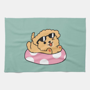 Summer Vibes Dog – Floating Puppy with Sunglasses Tea Towel
