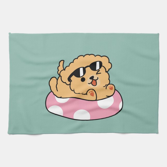 Summer Vibes Dog – Floating Puppy with Sunglasses Tea Towel (Horizontal)