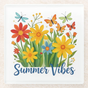 Summer Vibes Floral with Butterflies Glass Coaster