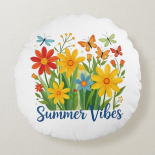 Summer Vibes Floral with Butterflies Round Cushion