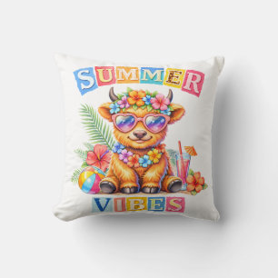 Summer Vibes Highland Cow Tropical Beach Flowers Cushion