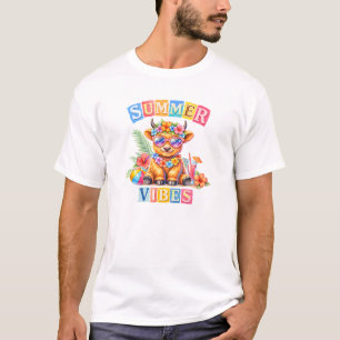 Summer Vibes Highland Cow Tropical Beach Flowers T-Shirt