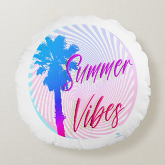 Summer Vibes Neon Palm Tree Beach Lifestyle Round Cushion