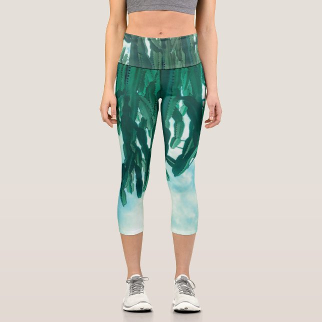 Summer Vibes Palm Tree Cactus Pale Green Capri Leggings (Front)