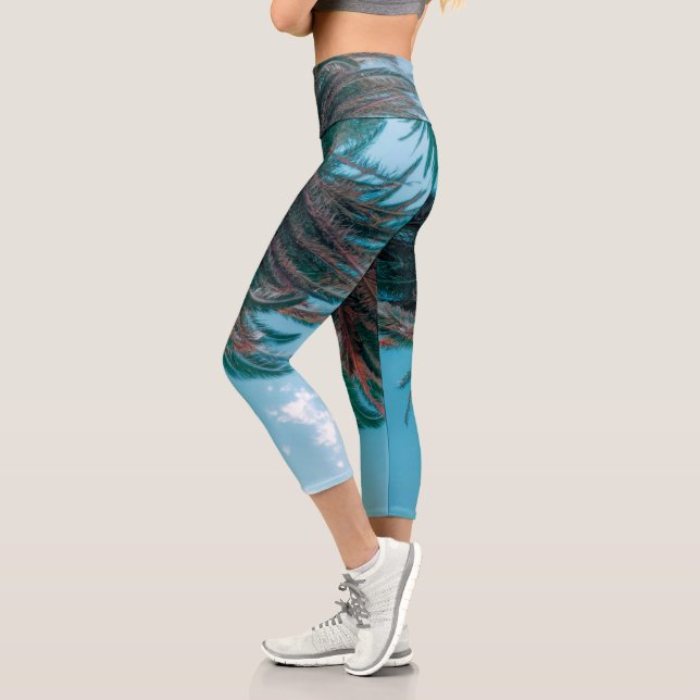 Summer Vibes Palm Tree Leaves Pale Green Capri Leggings (Left)