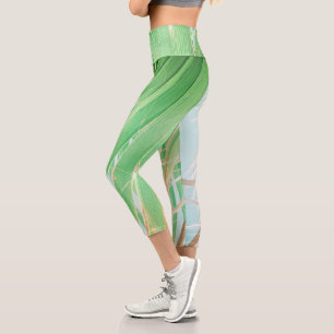 Summer Vibes Palm Tree Leaves Pale Green Capri Leggings