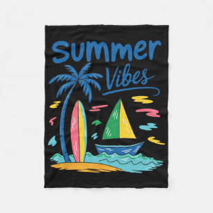 Summer Vibes Palm Tree Surfboard Sailboat Fleece Blanket
