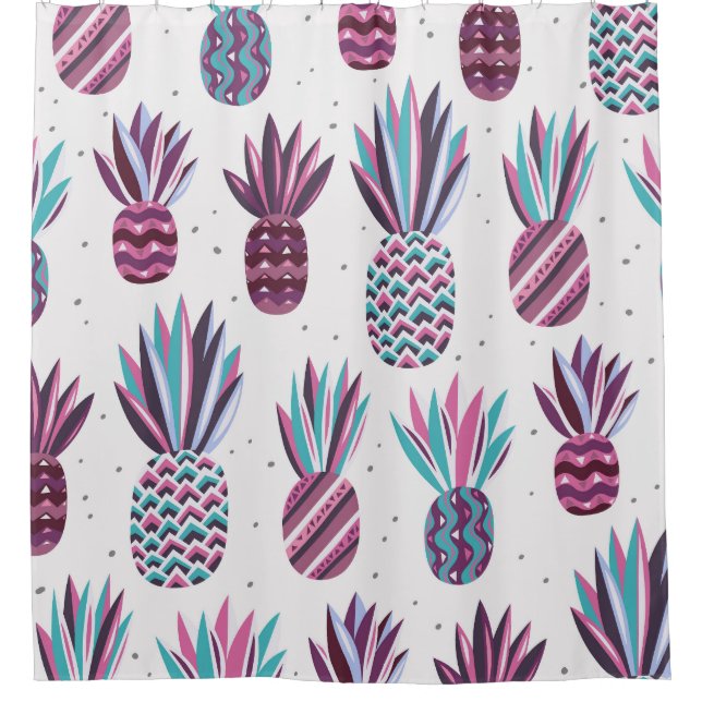 Summer Vibes: Pineapple Pattern, Colourful Dots Shower Curtain (Front)