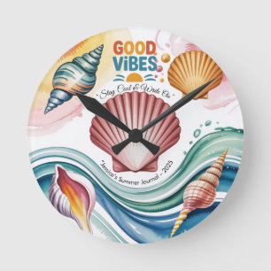 Summer Vibes Retro Beach Illustration Round Clock
