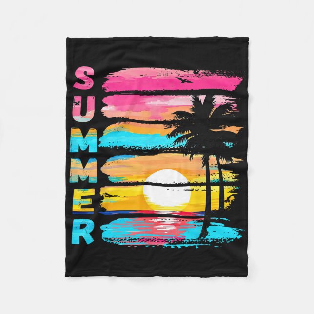 Summer Vibes Retro Beach Sunset Palm Tree Family T Fleece Blanket (Front)
