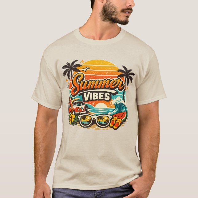 Summer Vibes Retro Beach Sunset  T-Shirt (Front)