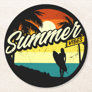 Summer Vibes Retro Silhouette Round Paper Coaster