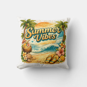 Summer Vibes Retro Tropical Beach Sunset Design Cushion