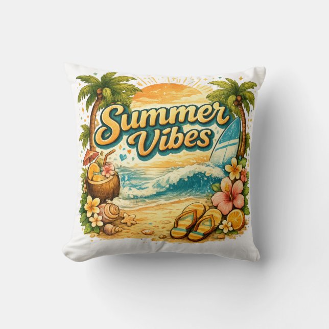 Summer Vibes | Retro Tropical Beach Sunset Design Cushion (Front)
