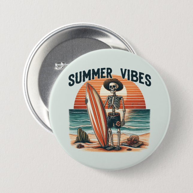 Summer Vibes Skeleton Surfer Sunset Beach Design 7.5 Cm Round Badge (Front & Back)