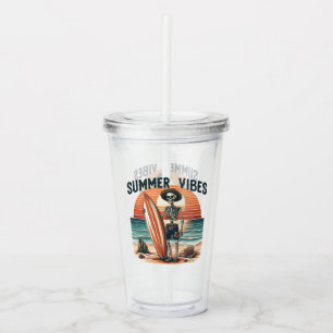 Summer Vibes Skeleton Surfer Sunset Beach Design Acrylic Tumbler