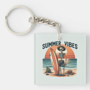 Summer Vibes Skeleton Surfer Sunset Beach Design Key Ring