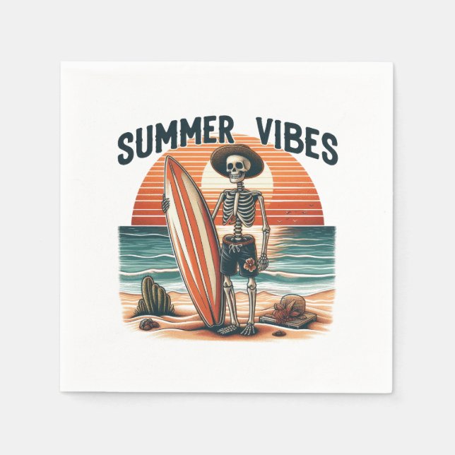 Summer Vibes Skeleton Surfer Sunset Beach Design Napkin (Front)