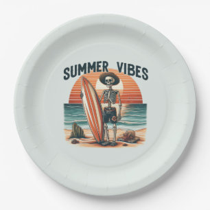 Summer Vibes Skeleton Surfer Sunset Beach Design Paper Plate