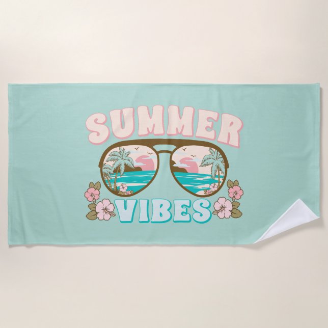 Summer Vibes Sunglasses Tropical Beach Vacation  Beach Towel (Front)