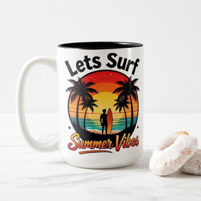 Summer Vibes Sunset Surf Beach Tropical Retro Two-Tone Coffee Mug (With Donut)