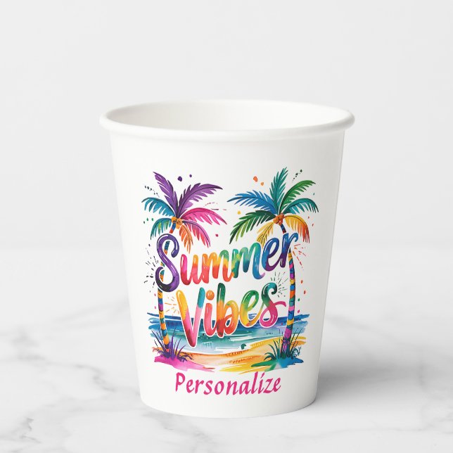 Summer Vibes Tropical Palm Tree Ocean Colourful Paper Cups (Back)