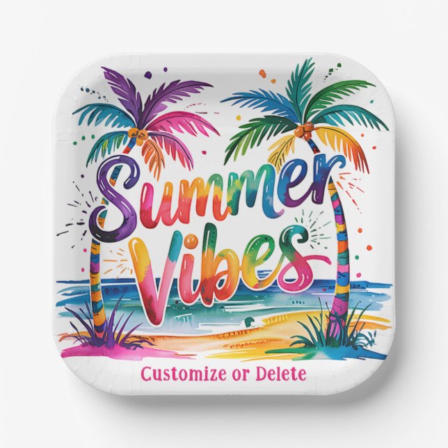 Summer Vibes Tropical Palm Tree Ocean Customise Paper Plate (Front)