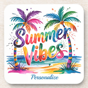 Summer Vibes Tropical Palm Tree Ocean Personalised Coaster