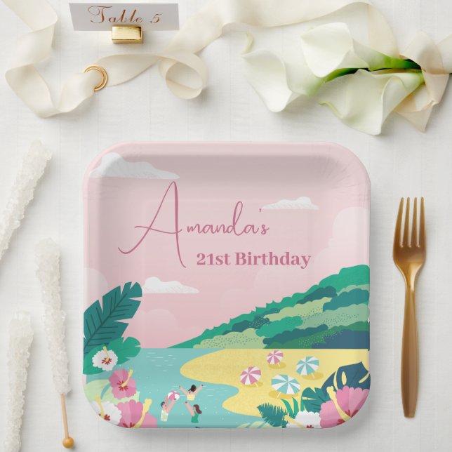 Summer Vibes Tropical Pink 21st Birthday Paper Plate (Wedding)