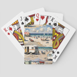 Summer Vibes, Vintage Caravan on the Beach Playing Cards
