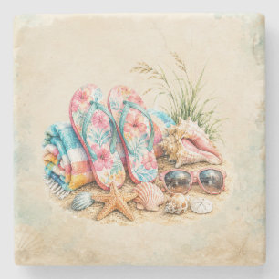 Summer Vibes Watercolor Beach Hat Coastal Stone Co Coaster
