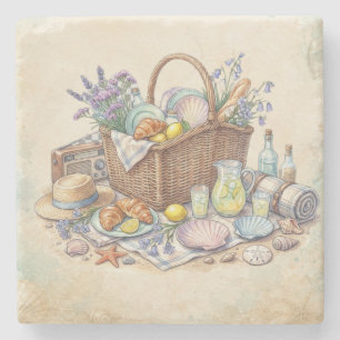 Summer Vibes Watercolor Beach Picnic Basket Stone Coaster